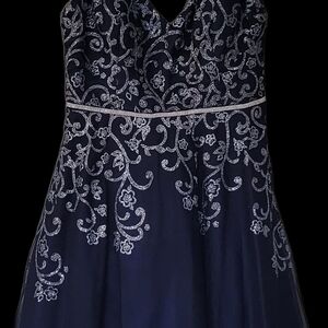Camille La Vie Midnight Blue Backless Dress with Silver Embroidery
